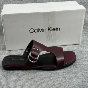 Calvin Klein Size-8.5M Women's Meritt Leather Flat Slip-On Sandals Dark Red